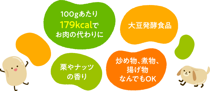 100gあたり179kcalでお肉の代わりに。大豆発酵食品。栗やナッツの香り。炒め物、煮物、揚げ物なんでもOK