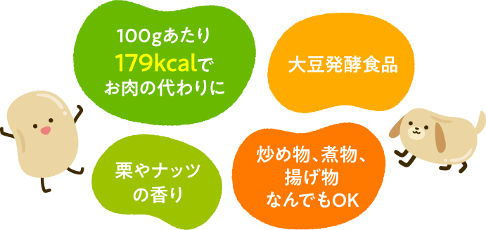 100gあたり179kcalでお肉の代わりに。大豆発酵食品。栗やナッツの香り。炒め物、煮物、揚げ物なんでもOK